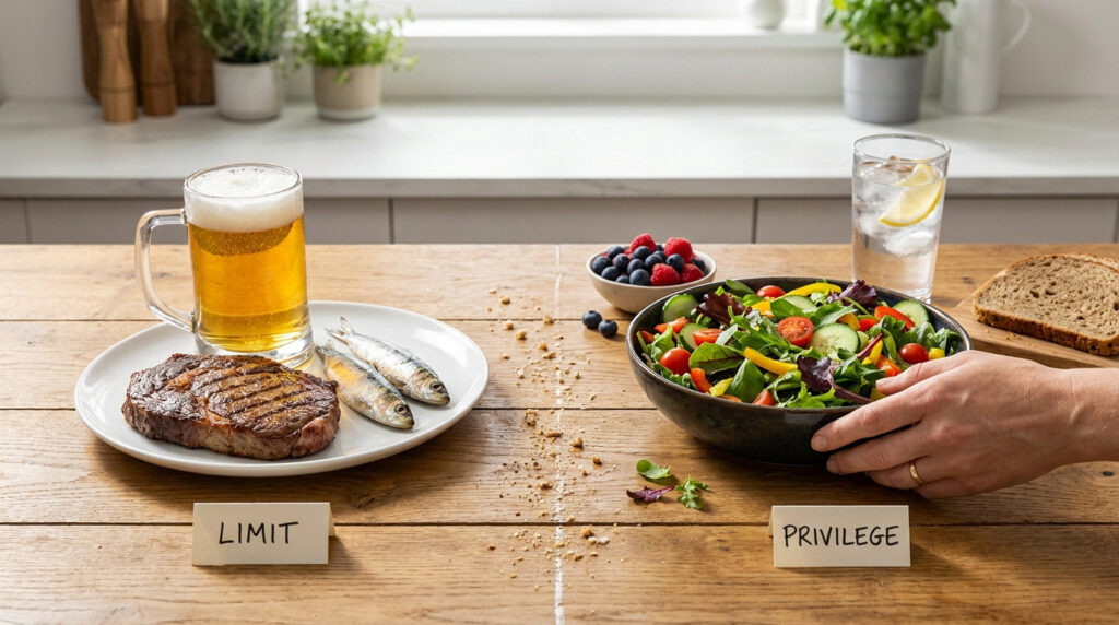 Comparaison entre des aliments riches et pauvres en purine avec des étiquettes indiquant quoi limiter ou privilégier.