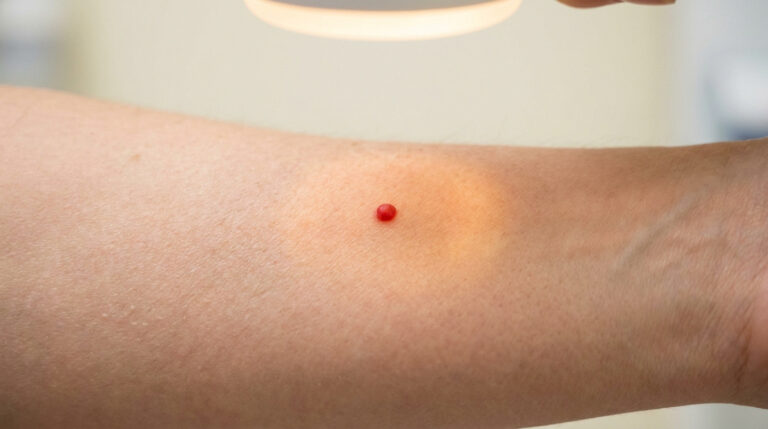 Gros plan sur un bras humain avec un petit point rouge examiné par un dermatoscope lumineux.