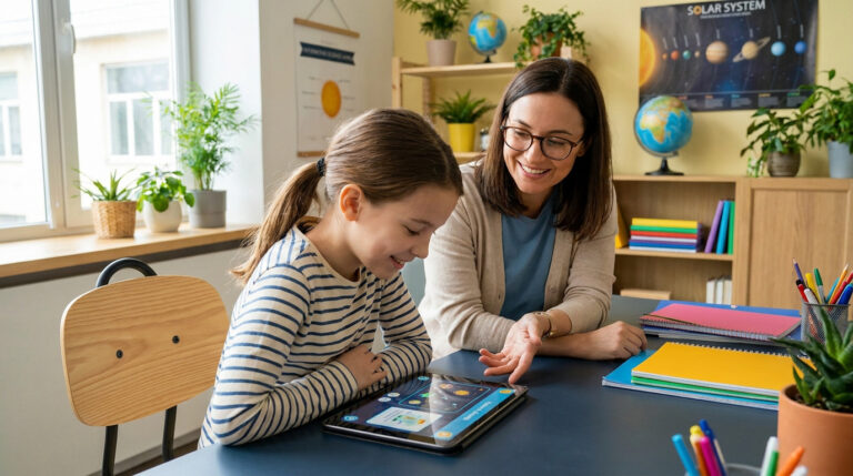 Une enseignante souriante aide une jeune élève à utiliser une tablette éducative dans une salle de classe lumineuse.