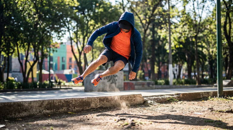 Un jeune homme en sweat à capuche saute au-dessus d'un muret dans un parc arboré en plein jour.