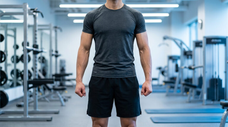 Un homme athlétique debout au centre d'une salle de sport moderne.