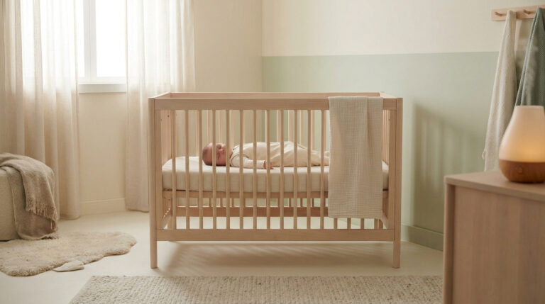 Un nourrisson dort paisiblement dans un lit en bois clair au sein d'une chambre aux tons doux et apaisants.