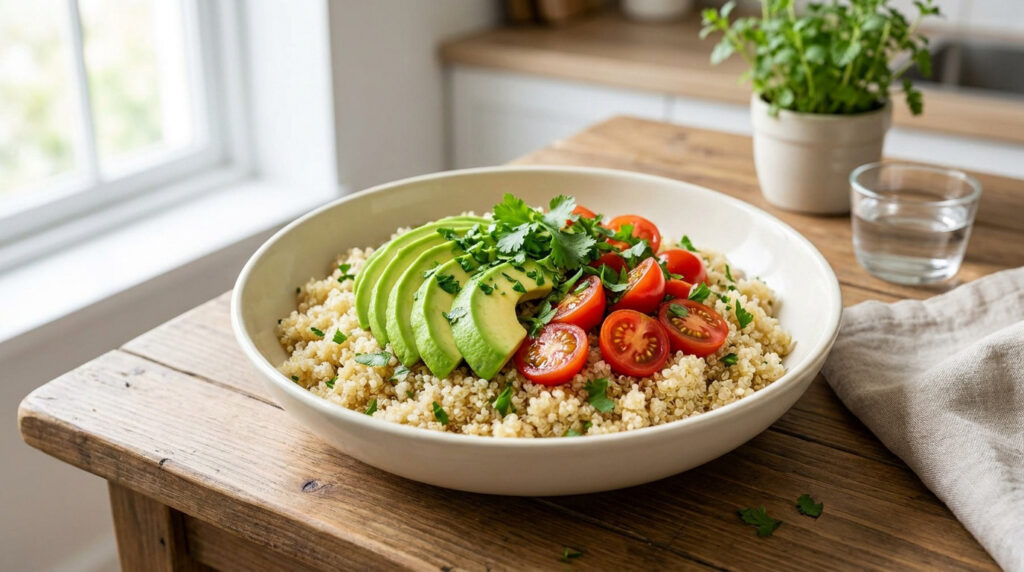 Bol de quinoa garni de tranches d'avocat et de tomates cerises sur une table en bois.