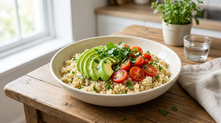 Bol de quinoa garni de tranches d'avocat et de tomates cerises sur une table en bois.