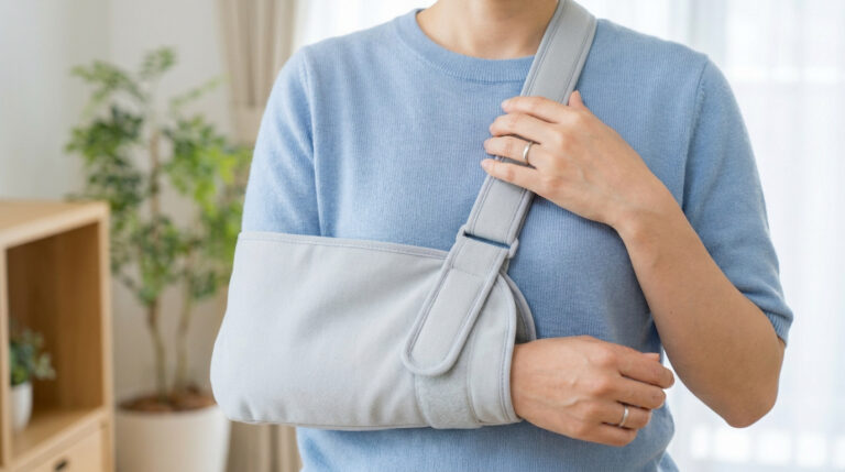 Une personne porte une écharpe de maintien gris clair après une blessure au bras ou à l'épaule dans un intérieur.