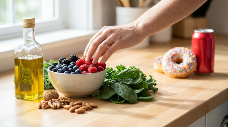 Une main choisit des baies dans un bol près d'aliments sains comme de l'huile, des noix et d'aliments ultra-transformés.