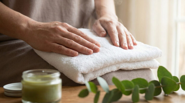Une personne applique une serviette chaude et fumante sur ses genoux, avec un pot de crème et une branche d'eucalyptus.