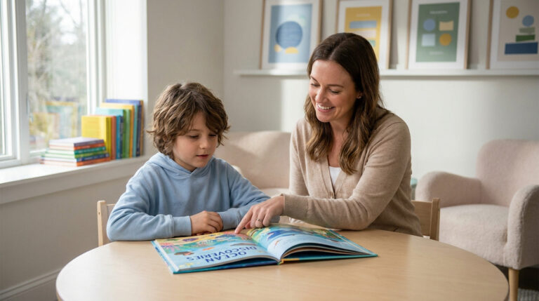 Une mère aide son jeune fils à lire un livre illustré sur l'océan dans une pièce lumineuse.
