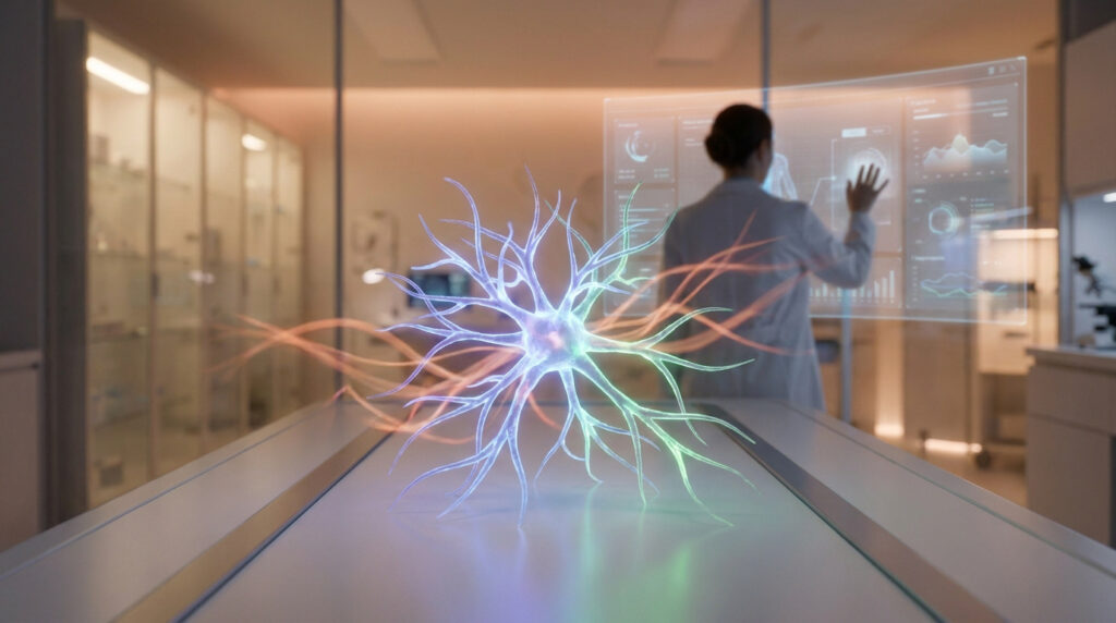 Représentation 3D d'un neurone flottant au-dessus d'une table de laboratoire avec une chercheuse utilisant une interface holographique.