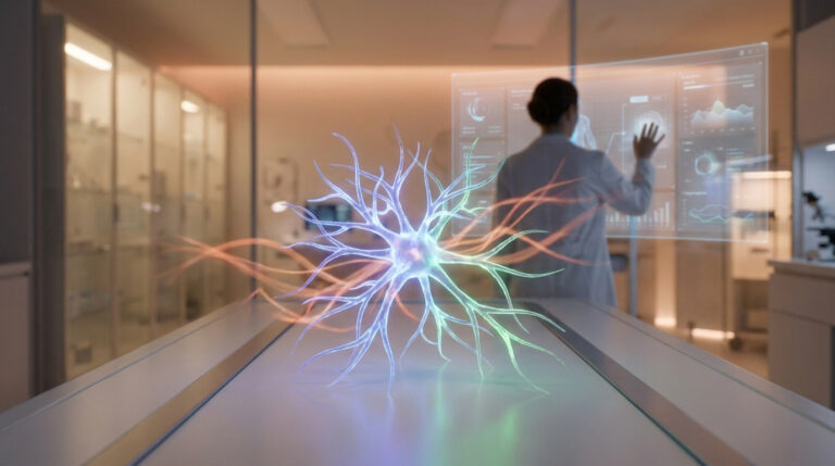 Représentation 3D d'un neurone flottant au-dessus d'une table de laboratoire avec une chercheuse utilisant une interface holographique.