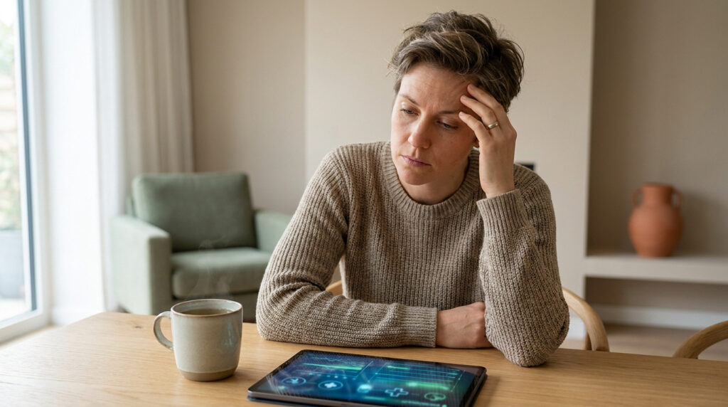 Une femme préoccupée regarde des résultats médicaux sur une tablette numérique, une tasse de thé fumante à ses côtés.