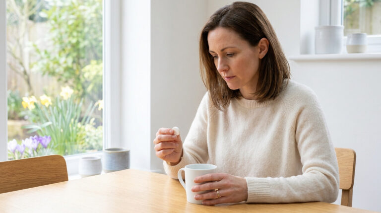 Une femme assise à une table tenant un comprimé et une tasse d'eau avant de prendre son médicament.