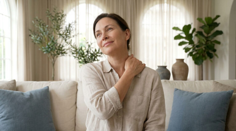 Femme assise sur un canapé se massant l'épaule et le cou pour soulager une douleur.