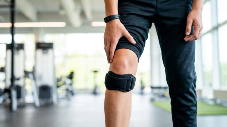 Adolescent portant une sangle rotulienne noire sur le genou dans une salle de sport.