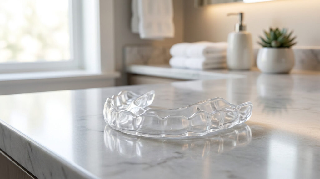 Une gouttière dentaire transparente posée sur un comptoir en marbre dans une salle de bain lumineuse.