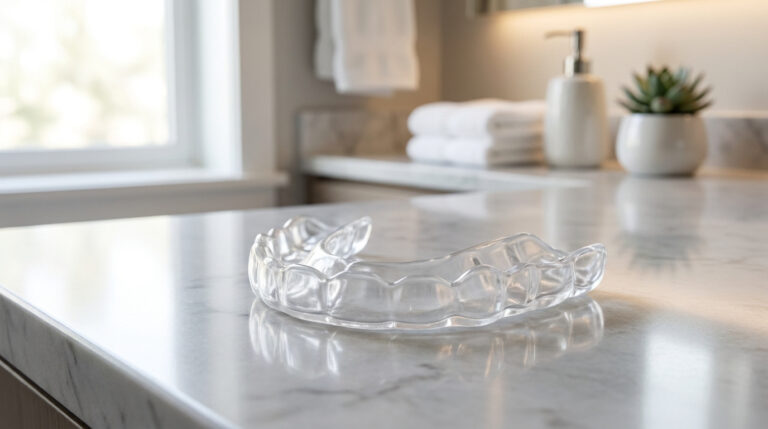 Une gouttière dentaire transparente posée sur un comptoir en marbre dans une salle de bain lumineuse.