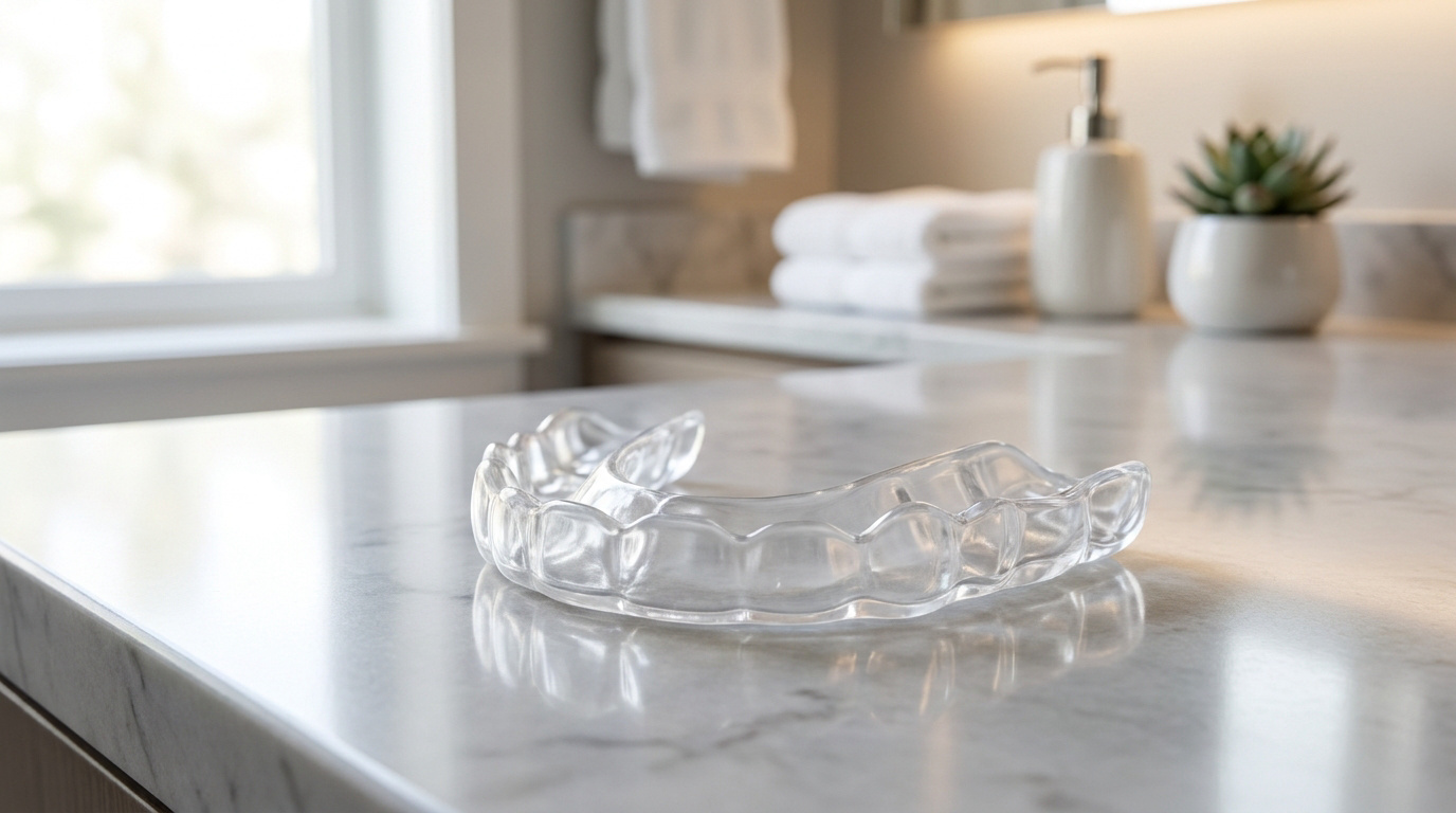 Une gouttière dentaire transparente posée sur un comptoir en marbre dans une salle de bain lumineuse.