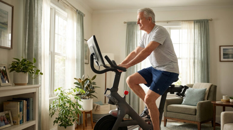 Un homme âgé aux cheveux gris fait du vélo d'appartement dans un salon lumineux et chaleureux.
