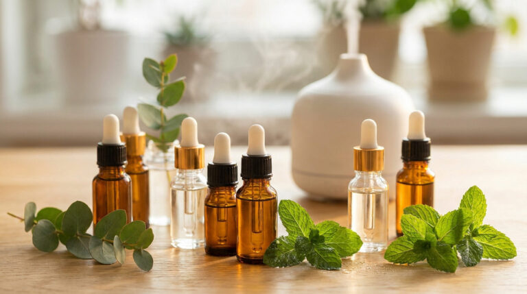 Flacons d'huiles essentielles avec diffuseur et plantes d'eucalyptus et de menthe sur une table en bois.