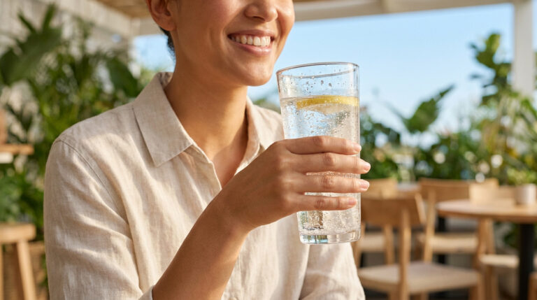 Une femme souriante tenant un verre d'eau pétillante avec une rondelle de citron dans un décor naturel et lumineux.