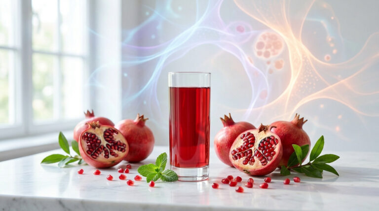 Un verre de jus de grenade entouré de fruits frais sur une table, avec des effets lumineux abstraits en arrière-plan.
