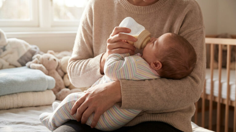Une personne vêtue d'un pull beige donne le biberon à son nouveau-né habillé d'une grenouillère à rayures pastel.