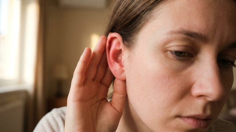 Une femme touchant son oreille devenue rouge et irritée, manifestant une gêne ou une douleur soudaine.