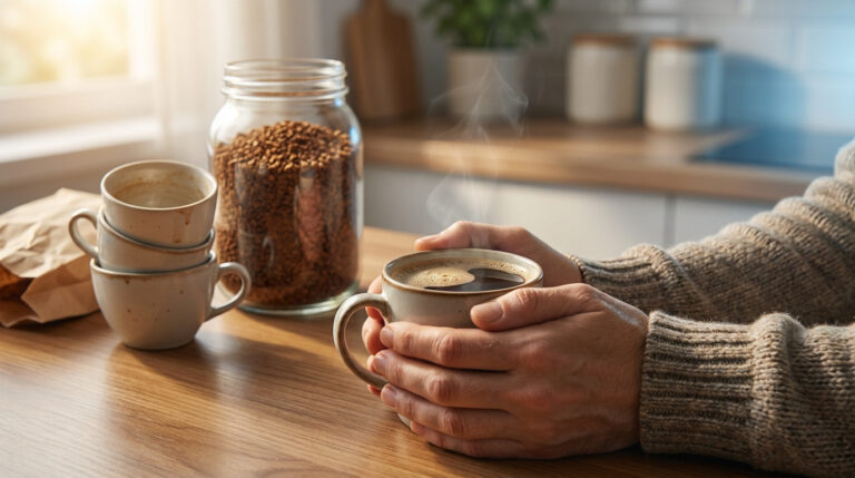 Une personne tient une tasse chaude de chicorée avec des bocaux de grains en arrière-plan dans une cuisine lumineuse.