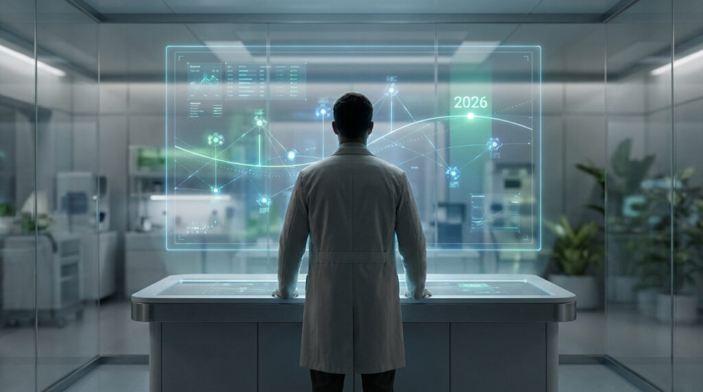 Un chercheur en blouse blanche observant des données médicales complexes sur un écran holographique interactif.