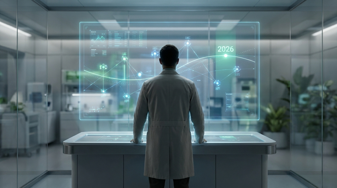 Un chercheur en blouse blanche observant des données médicales complexes sur un écran holographique interactif.