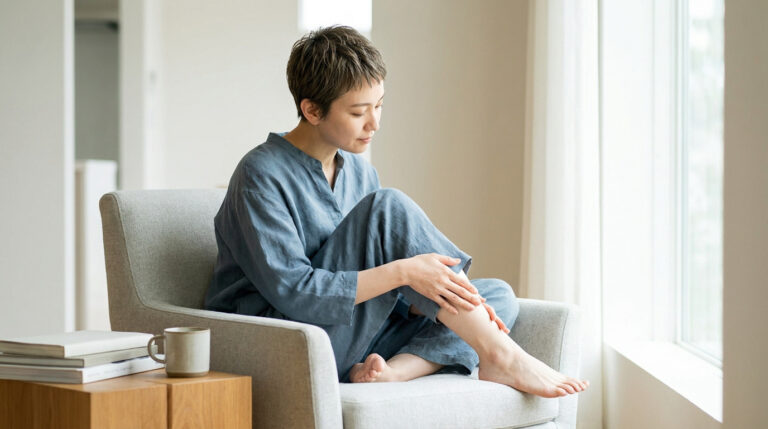 Une femme assise dans un fauteuil masse doucement sa jambe, exprimant une sensation de lourdeur ou d'inconfort.