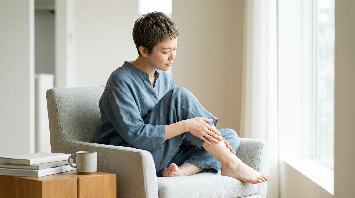 Une femme assise dans un fauteuil masse doucement sa jambe, exprimant une sensation de lourdeur ou d'inconfort.