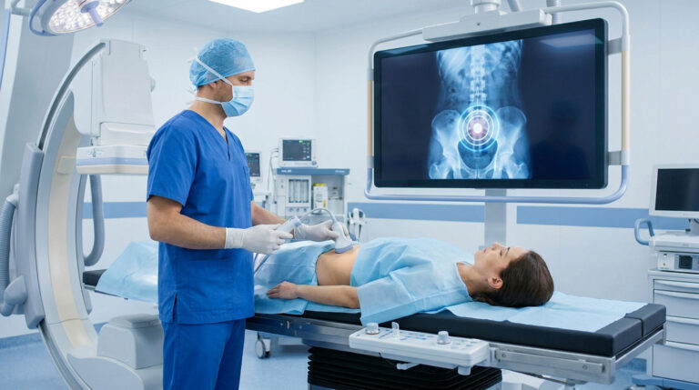 Un médecin effectue une échographie abdominale sur une patiente avec un écran affichant une radiographie du bassin.