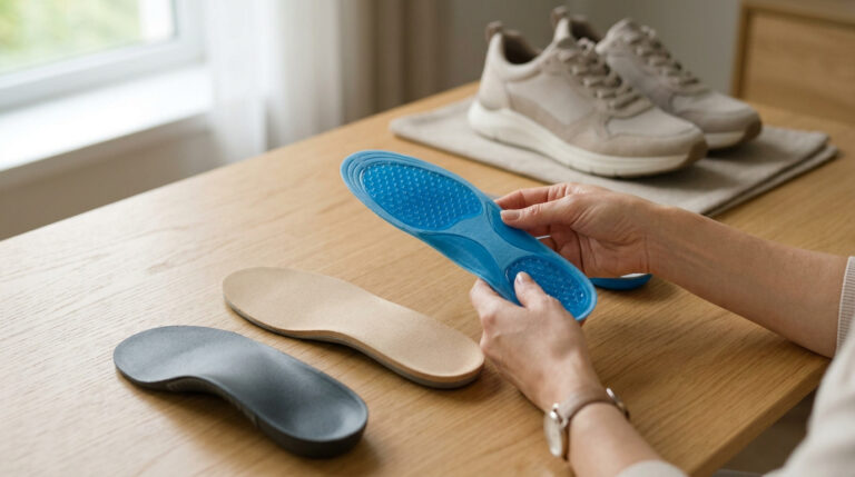 Une personne examine une semelle orthopédique en gel bleu, avec d'autres modèles et des chaussures posés sur une table.