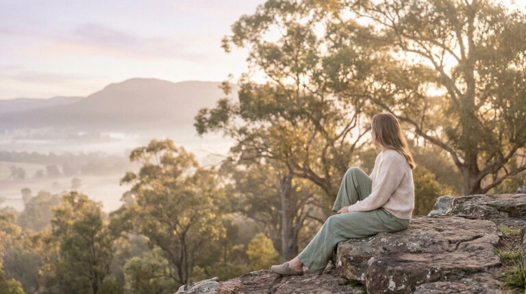 Une femme assise sur un rocher, observant un paysage vallonné brumeux au lever du jour.