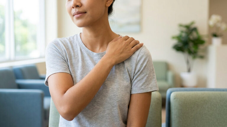 Une femme assise dans une salle d'attente se tient l'épaule gauche avec la main droite, exprimant une gêne.