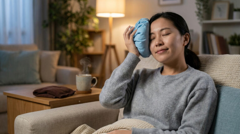 Une femme assise sur un canapé applique une poche de glace bleue sur son front pour soulager un mal de tête.