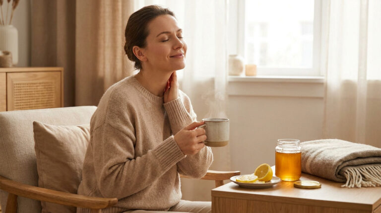 Une femme détendue tient une tasse de thé fumante en se touchant la gorge, avec du miel et du citron sur la table.