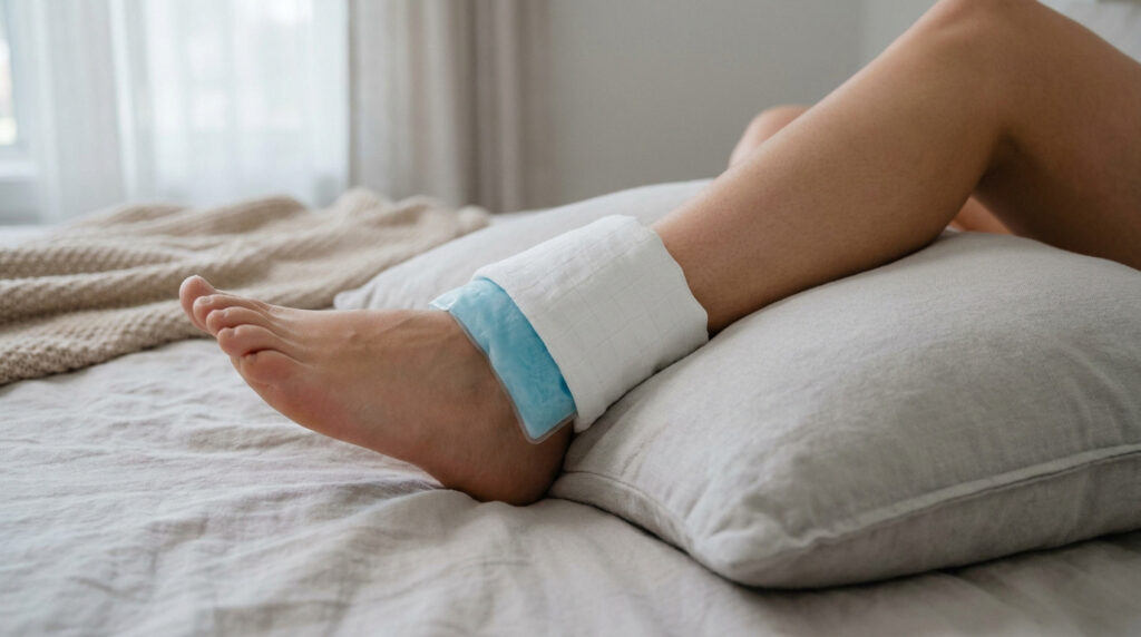 Une jambe surélevée sur un oreiller avec une poche de glace appliquée sur la cheville pour réduire le gonflement.