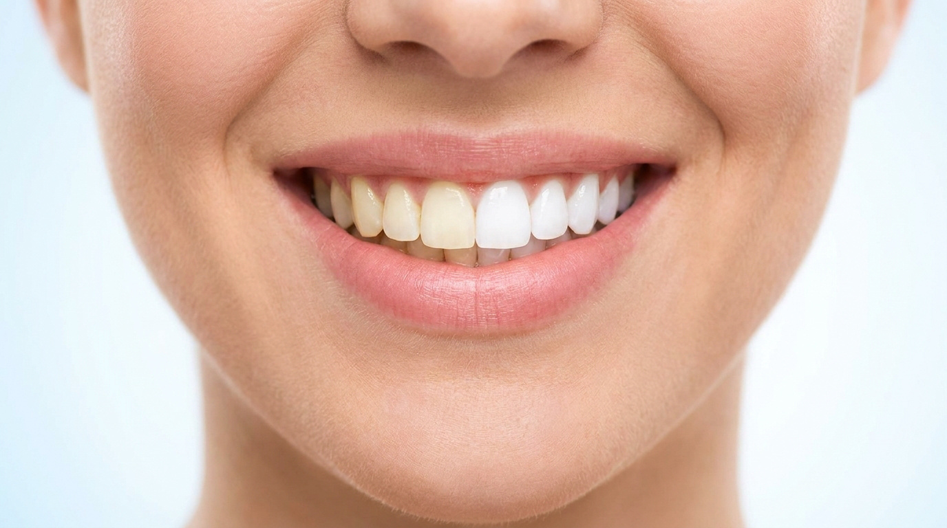 Gros plan sur le sourire d'une femme montrant la différence entre des dents jaunies et des dents blanchies.