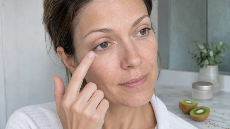 Femme appliquant délicatement un soin contour des yeux près d’un kiwi coupé