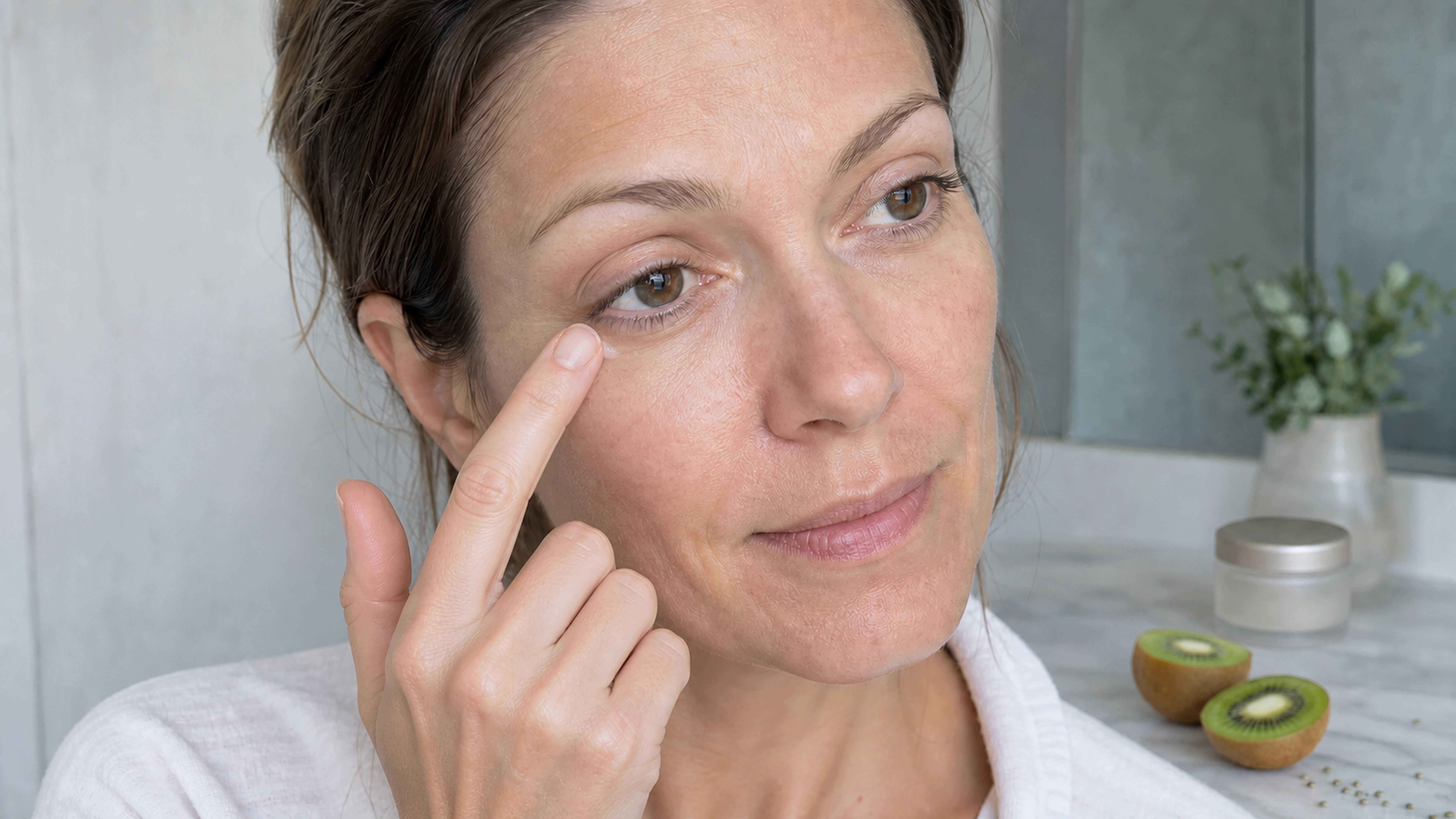 Femme appliquant délicatement un soin contour des yeux près d’un kiwi coupé