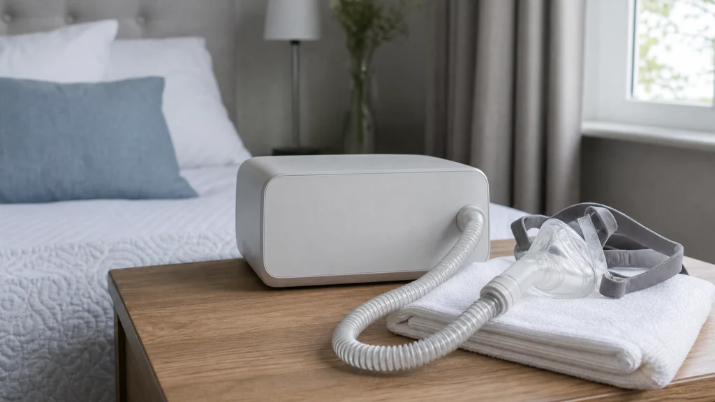 Masque et appareil PPC propres posés sur une serviette dans une chambre aérée