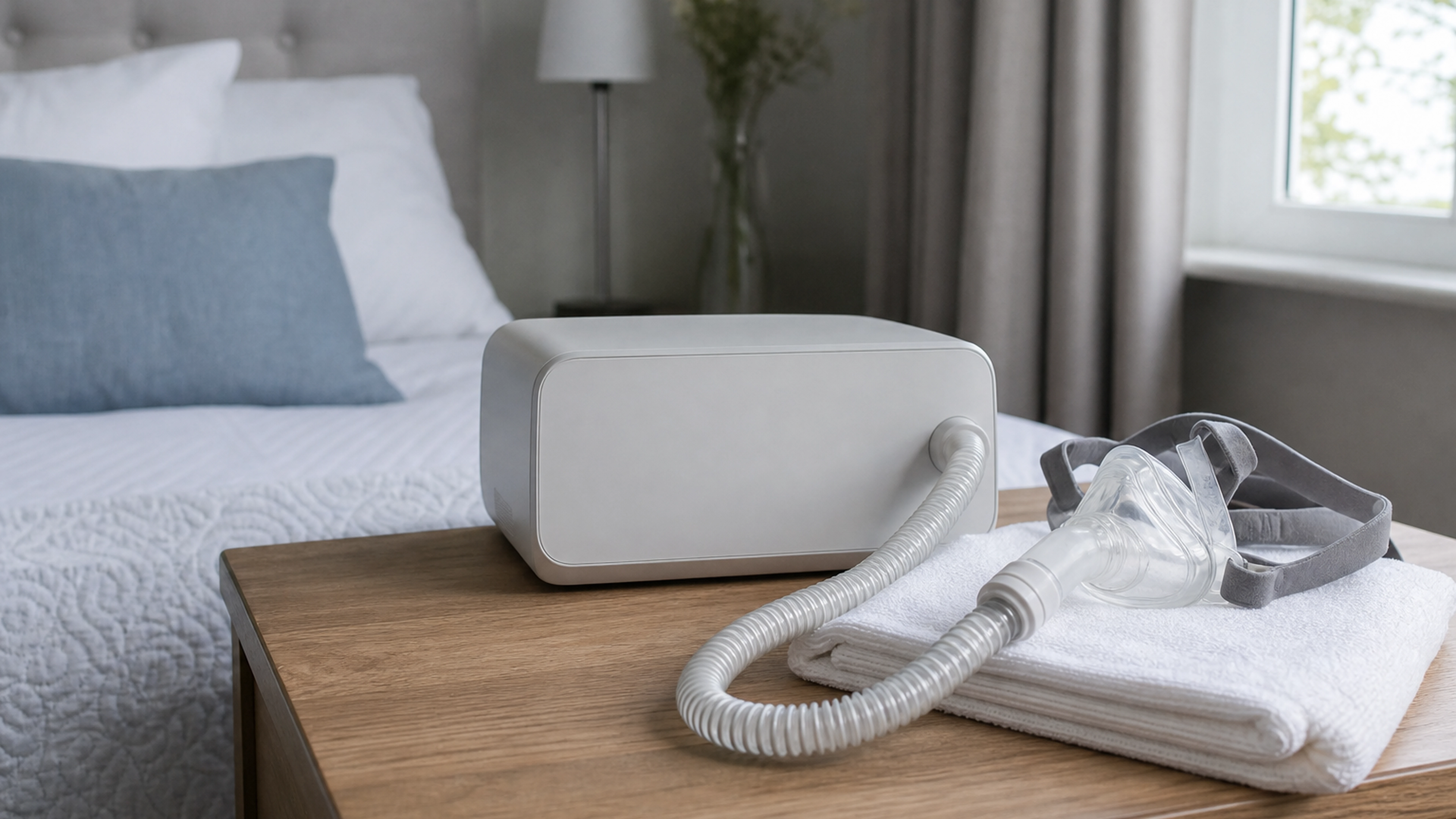 Masque et appareil PPC propres posés sur une serviette dans une chambre aérée