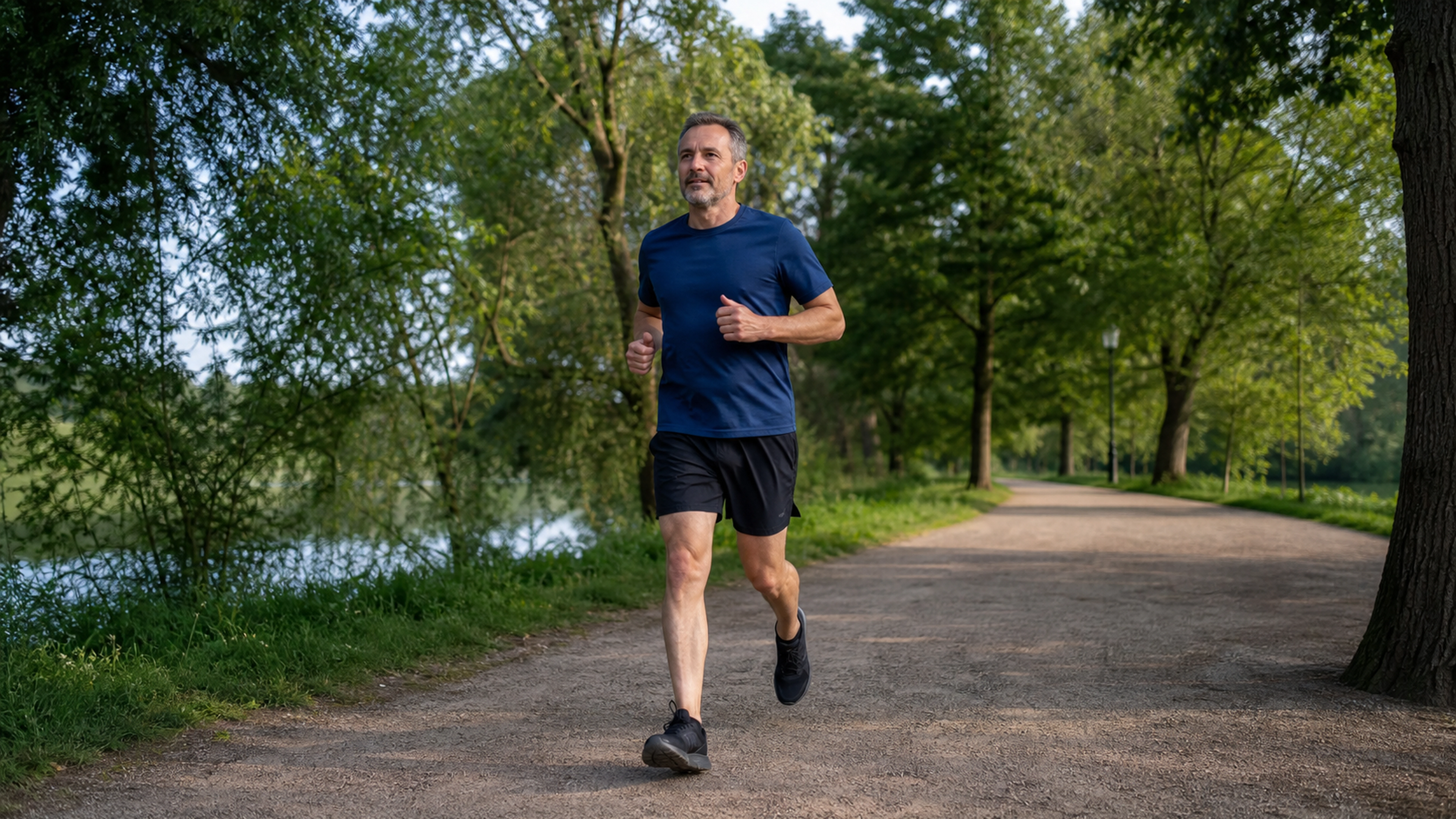 Un coureur à allure modérée sur un chemin arboré dans un parc.