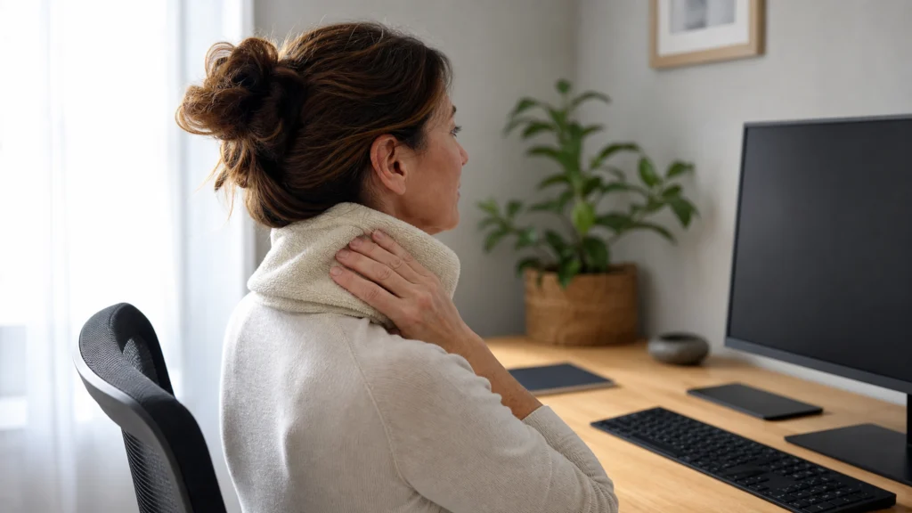 Femme appliquant une serviette chaude sur sa nuque devant un poste de travail ergonomique