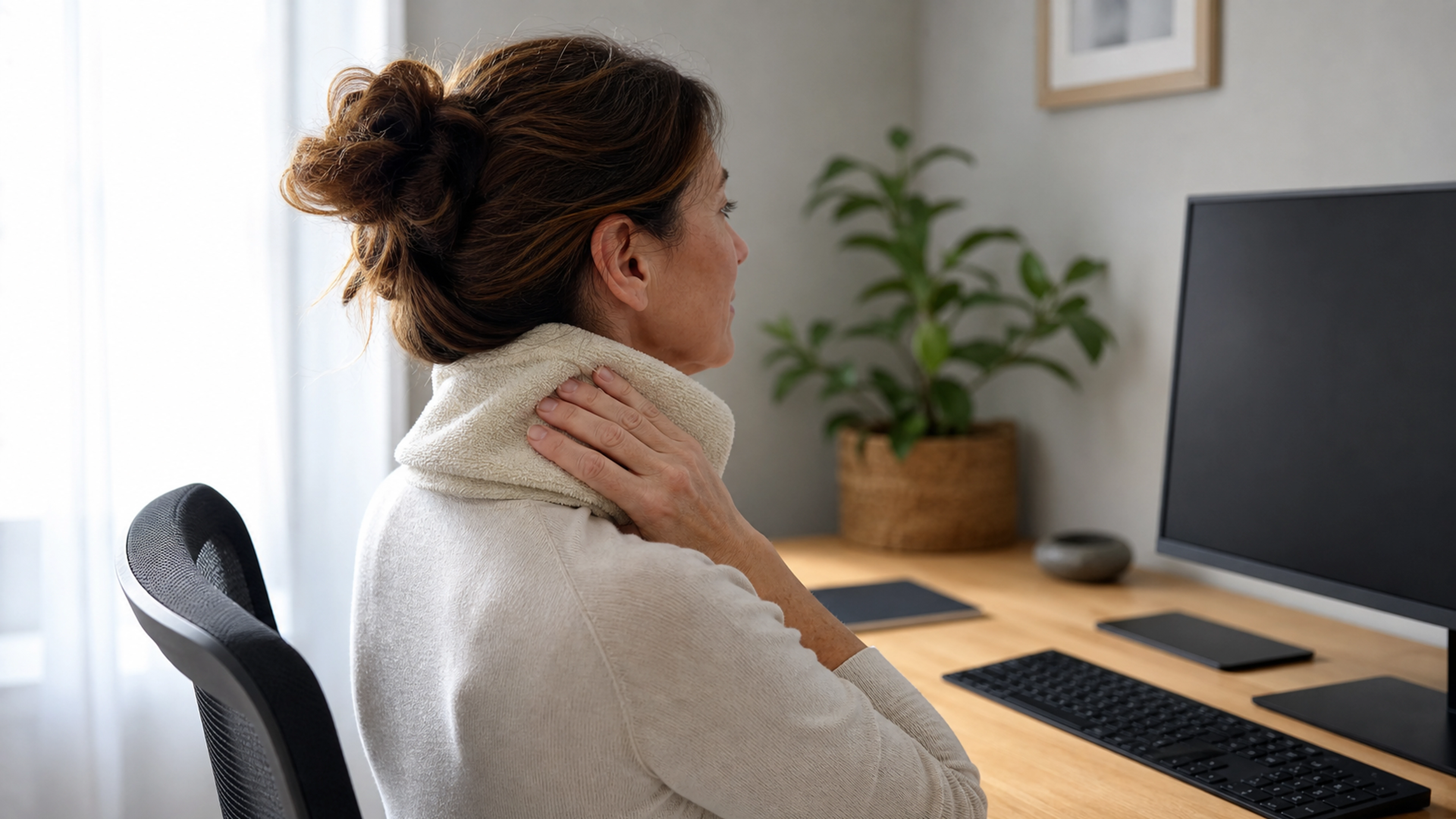 Femme appliquant une serviette chaude sur sa nuque devant un poste de travail ergonomique