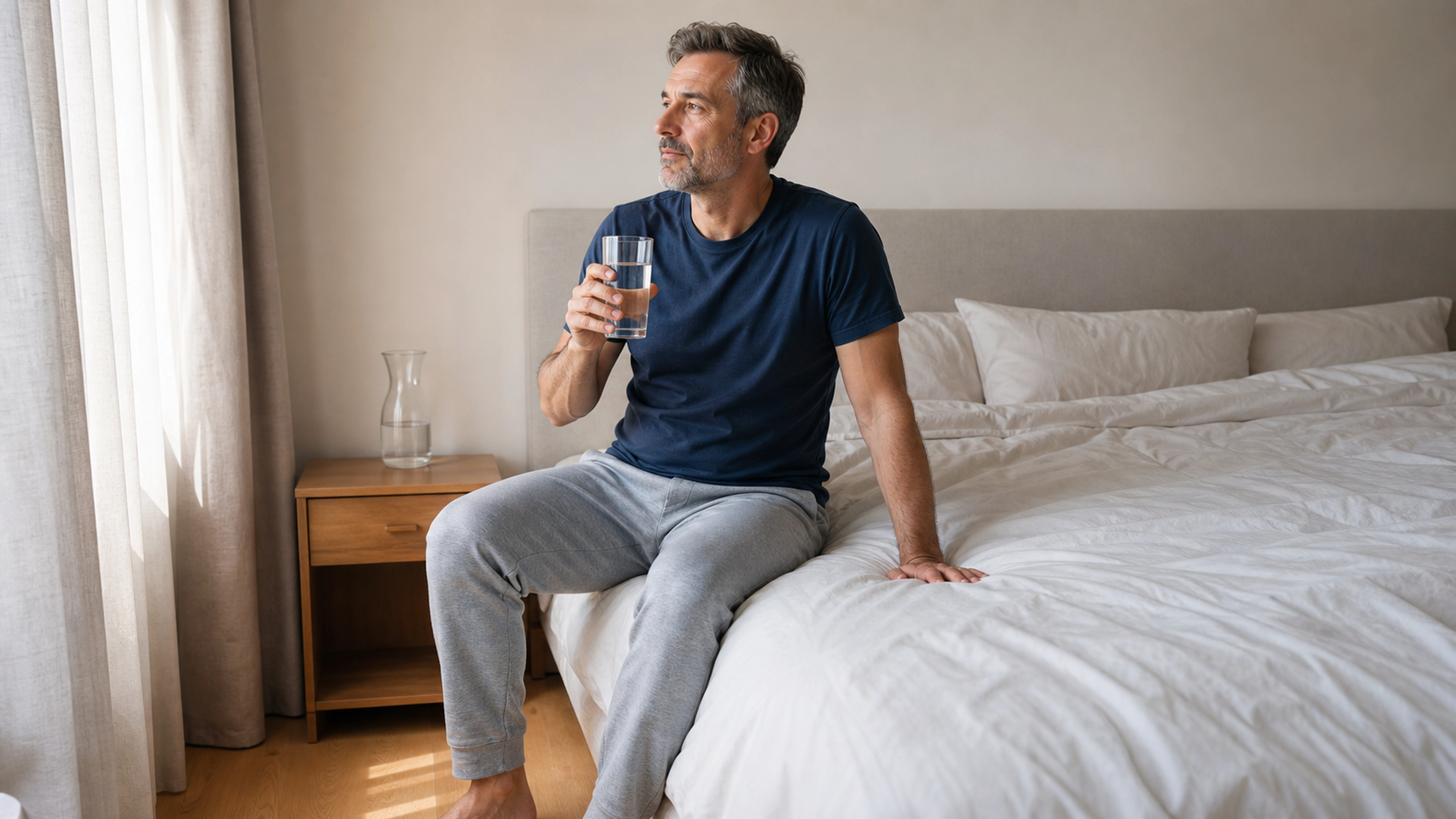 Homme assis au bord du lit tenant un verre d’eau dans une chambre lumineuse
