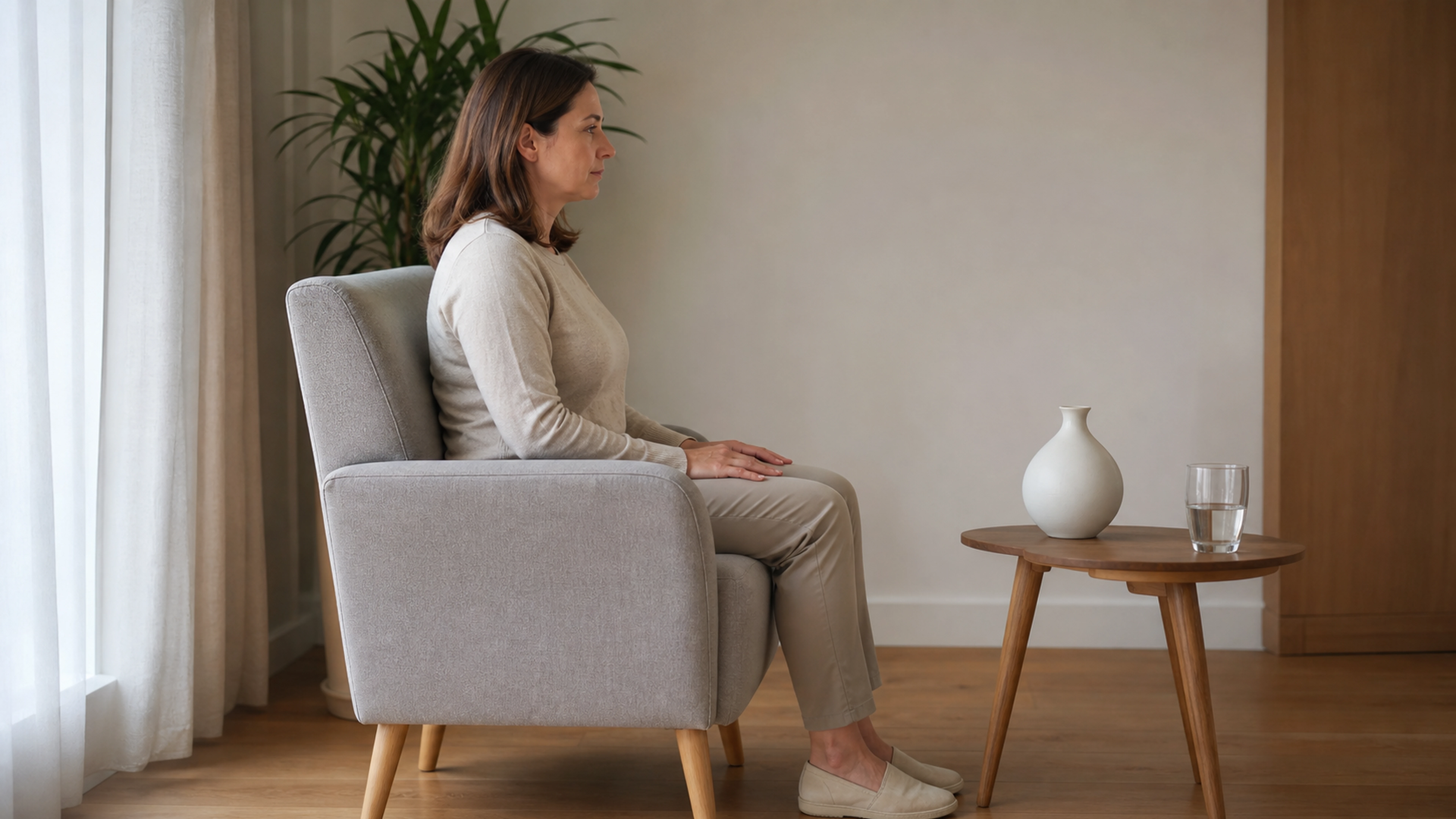 Femme assise calmement sur un fauteuil, le regard fixé devant elle, avec un verre d’eau à proximité