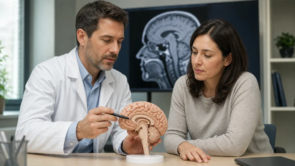 Un neurologue présente un modèle anatomique du cerveau à une patiente devant une image d’IRM.